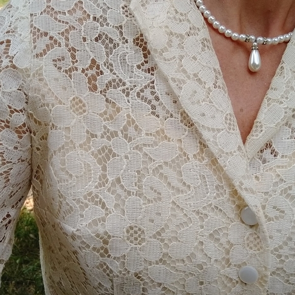 1950's CREAM LACE DRESS 50's shirtwaist S - Picture 7 of 12